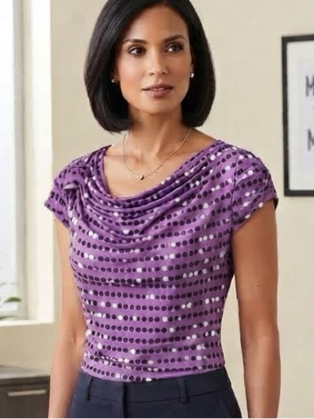 Worthington Purple Dot-Striped Drape Neck Short Sleeve Top
